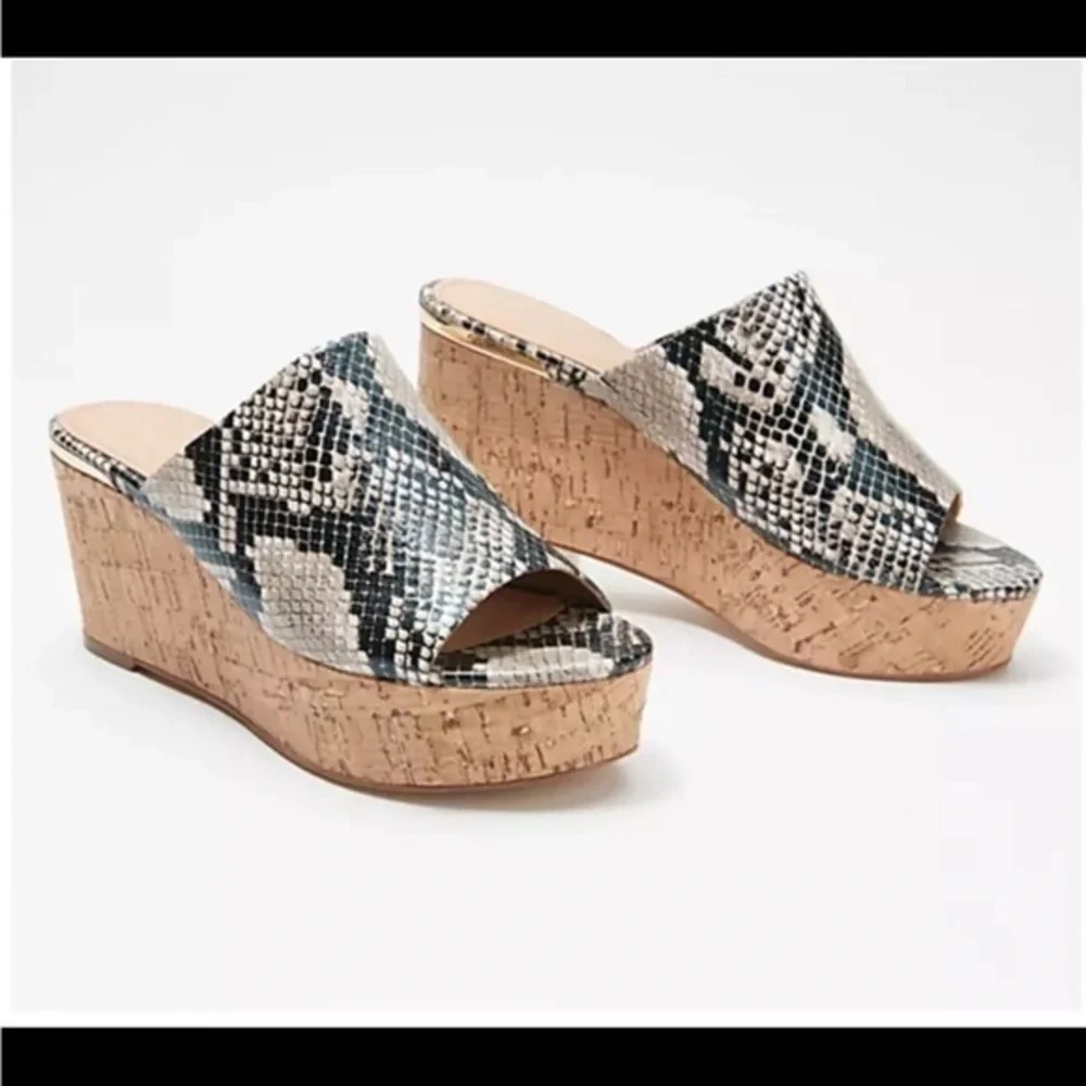Marc Fisher Womens Raviva Mule Wedge Sandals Snake Leather Cork Heel 7.5 NEW